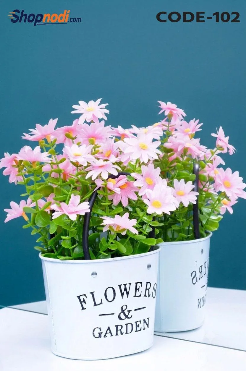 Artificial Blue Daisy in Metal Bucket Planter