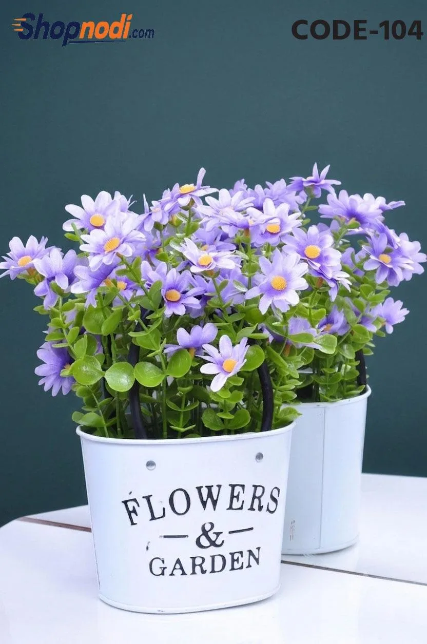 Artificial Blue Daisy in Metal Bucket Planter